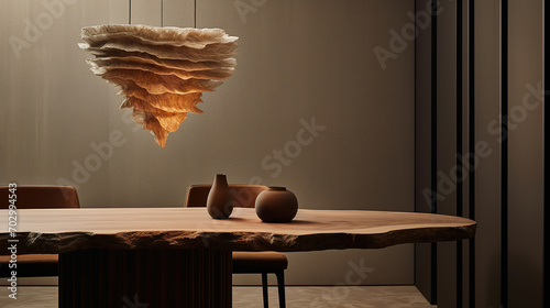 Fototapeta Naklejka Na Ścianę i Meble -  Generative AI, modern layered textures lamp, dining table, wabi sabi interior design