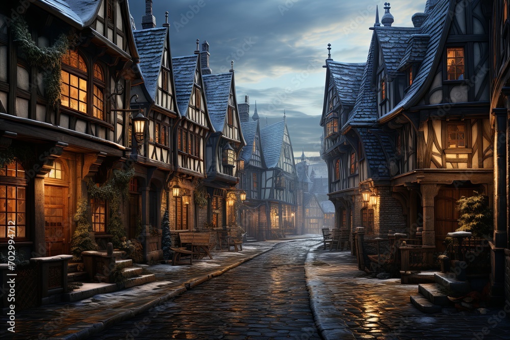Obraz premium beautiful christmas village wallpaper, in the style of fine art realism, michael komarck, cute and dreamy, detailed crosshatching, alexei harlamoff, glowing lights, romanticized nature.