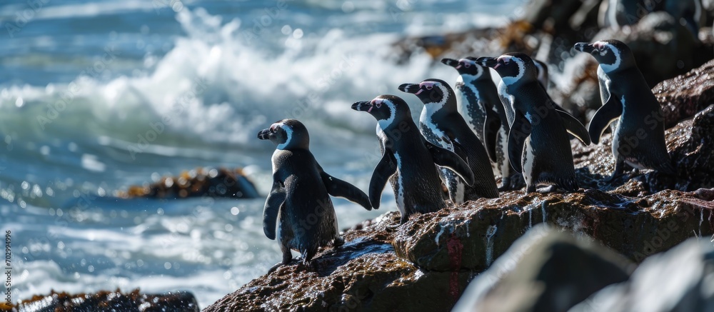 Fototapeta premium Breeding black-footed penguins in their hide on a rocky beach at Betty's Bay.
