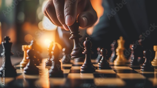 Businessman moving chess piece on chess board, board game and businessman. Created with Generative Ai technology.
