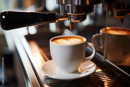 Aromatic Coffee Brewing. Close-Up of Professional Coffee Machine Pouring Fresh Coffee into White Mug
