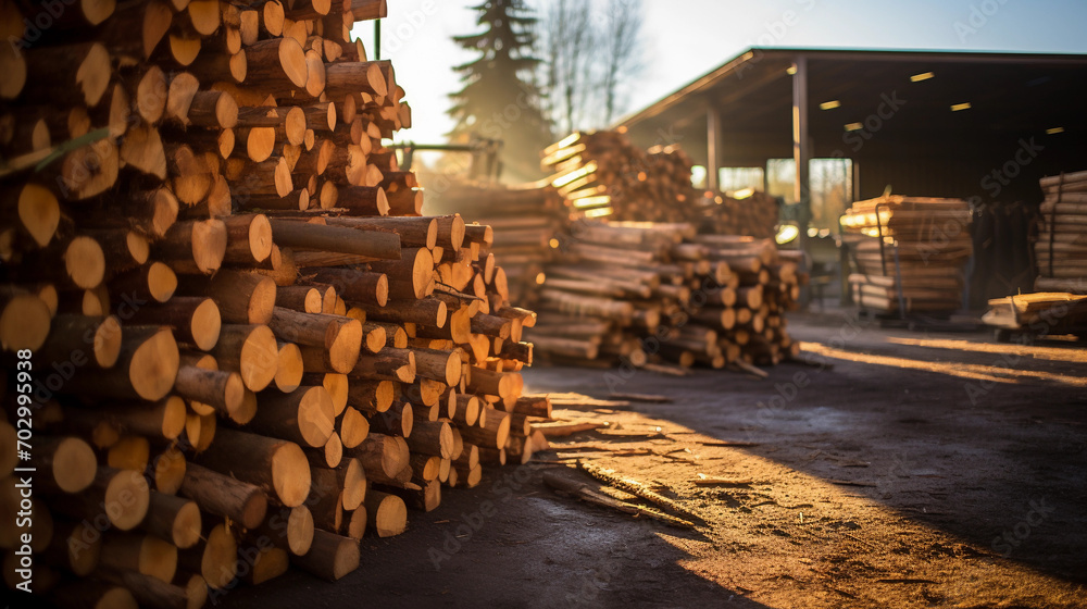 Wooden Log and Beam Stacks with Large Warehouse Storage in the Background Wooden Log and Beam Stacks with Large Warehouse Storage in the Background