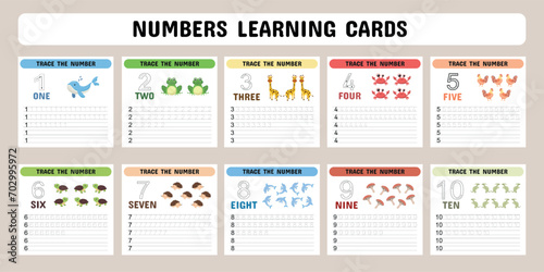 Cards for learning numbers from 1 to 10 with cute animals. Kids counting worksheets. Kindergarten flashcards with numbers  learning and spelling numbers . Vector illustration