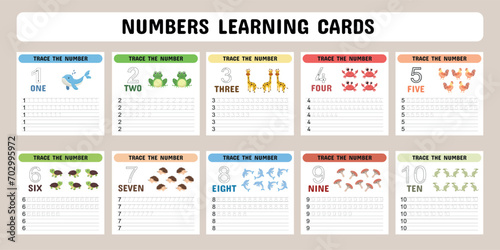 Cards for learning numbers from 1 to 10 with cute animals. Kids counting worksheets. Kindergarten flashcards with numbers, learning and spelling numbers . Vector illustration
