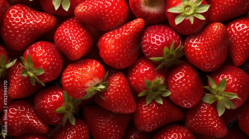 a close up of a bunch of strawberries with a green leaf on the top of one of the strawberries. a close up of a bunch of strawberries with a green leaf on the top of one of the strawberries.