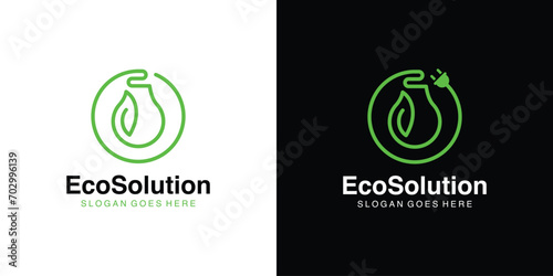 Creative Eco Solution Logo. Green, Idea, Innovation, Smart, Lightbulb and Leaf with Linear Outline Style. Ecological Logo Icon Symbol Vector Design Template.