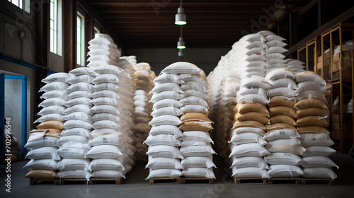 Bigbags Filled with Grains or Ton Stored in an Organized Warehouse