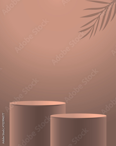 3D background products display a catwalk stage with a cylindrical platform. Stands to display cosmetic product vector mockup. Two beige podiums isolated on a beige background, eps 10.