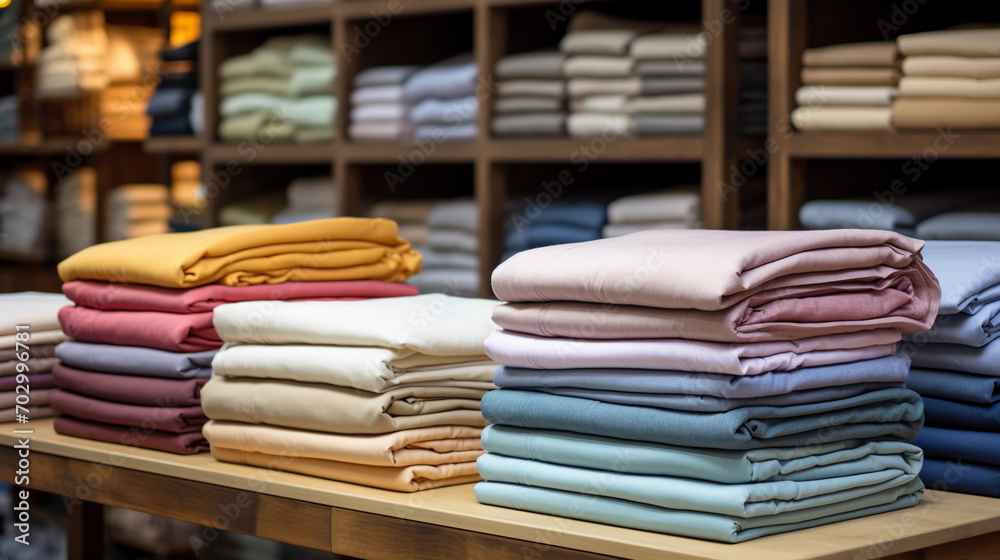Folded Bed Linens in Vivid Colors on a Wooden Table with Wood Shelves Background Folded Bed Linens in Vivid Colors on a Wooden Table with Wood Shelves Background
