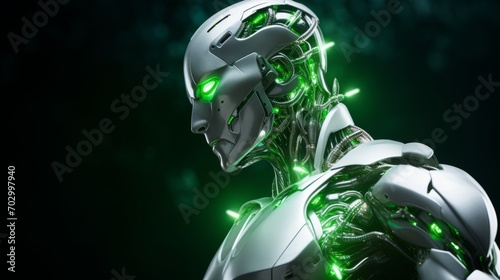 High-tech robot with green energy in the form of lightning, AI © Vitalii But