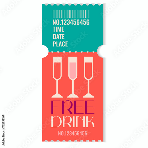 Free drink voucher template.Promotion,happy hour,opening or night party concept with date,time and place.Vector illustration EPS 10