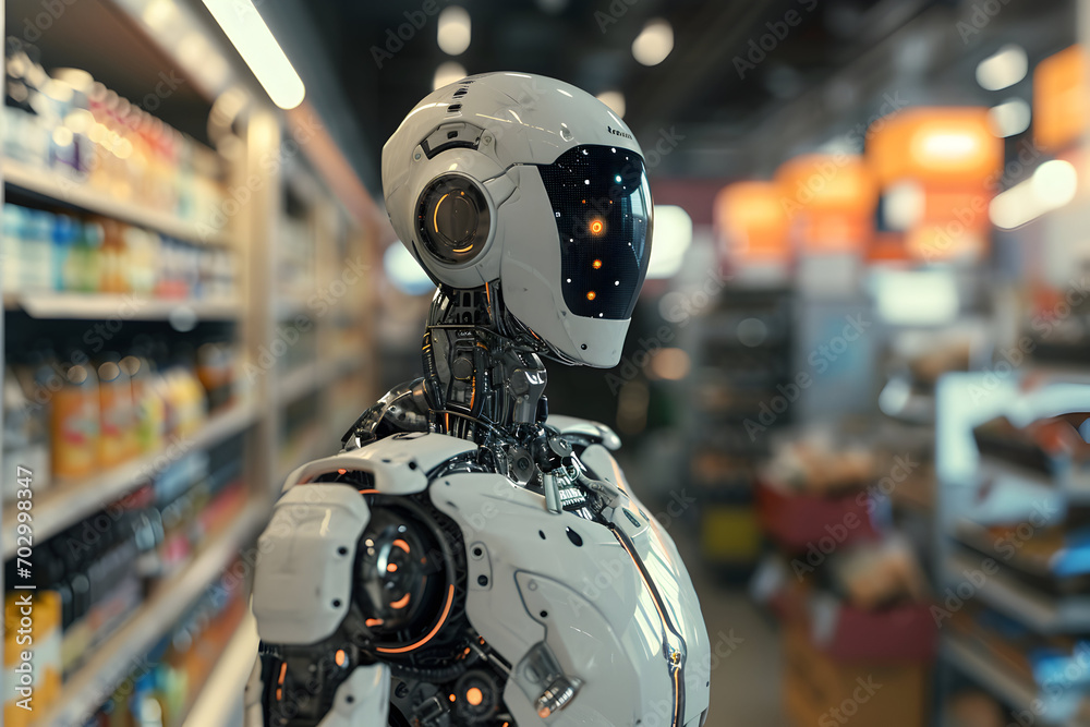 a white robot in the store. soft background a white robot in the store. soft background