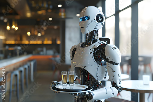 the robot works as a waiter in a cafe