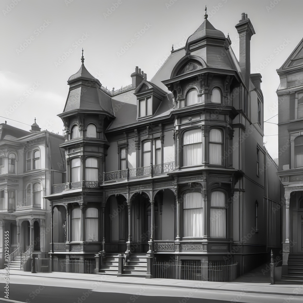 Obraz premium Old black and white street photographs of the Victorian era city, 
