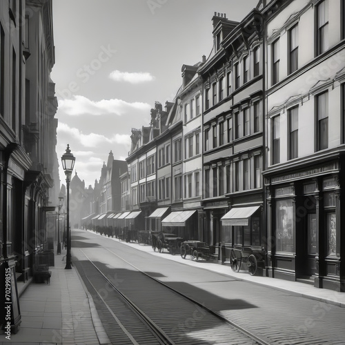 Old black and white street photographs of the Victorian era city, 