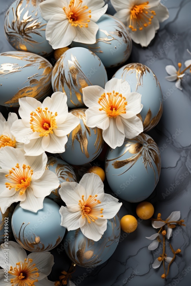 Easter eggs with spring flowers. Festive background, greeting card idea Easter eggs with spring flowers. Festive background, greeting card idea