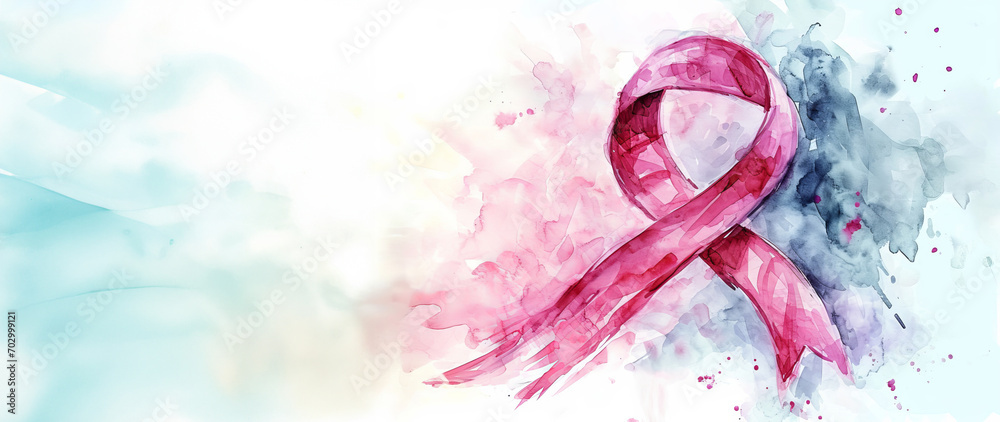 Breast cancer awareness month. Watercolor pink ribbon with copy space - obrazy, fototapety, plakaty 