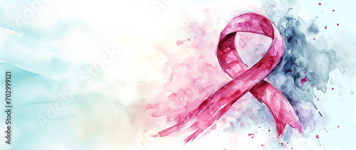Breast cancer awareness month. Watercolor pink ribbon with copy space photo