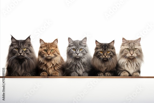 Various cat breeds   big and small   on white background with copy space   high quality studio shot