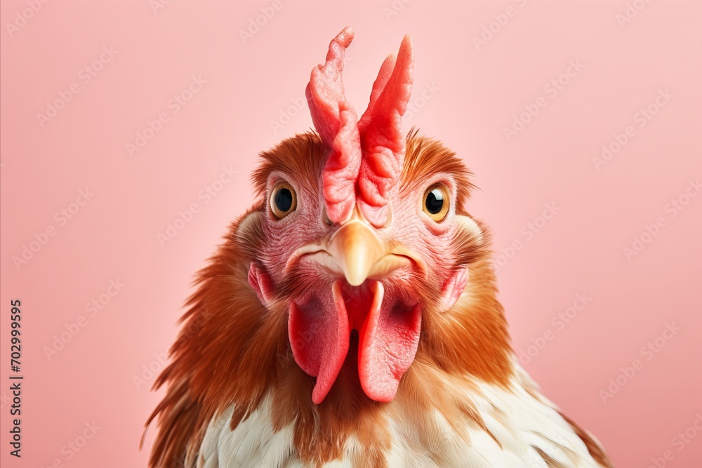 Happy chicken posed on solid pastel color background   studio fashion shot with copy space