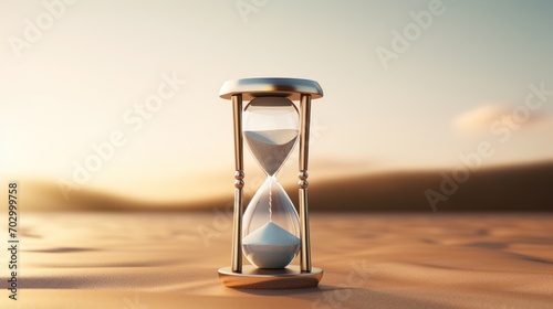  an hourglass sitting in the middle of a desert with the sun shining through the clouds and sand behind it.
