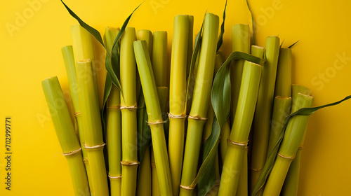 Upward View of Bamboo Sticks on Yellow Background