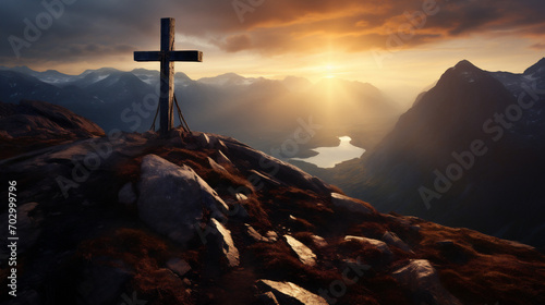 Cross in the mountain, realistic. AI Generative