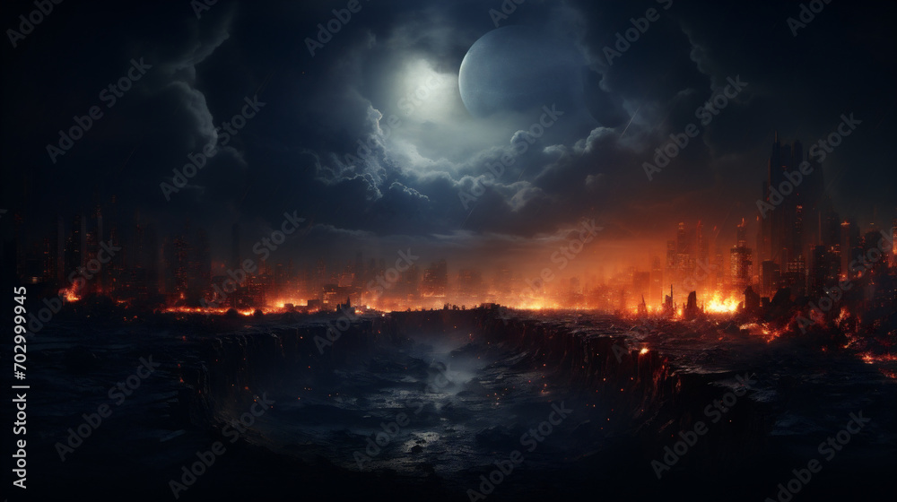 Concept of End of the World, good and bad, dark scenery. realistic. AI Generative