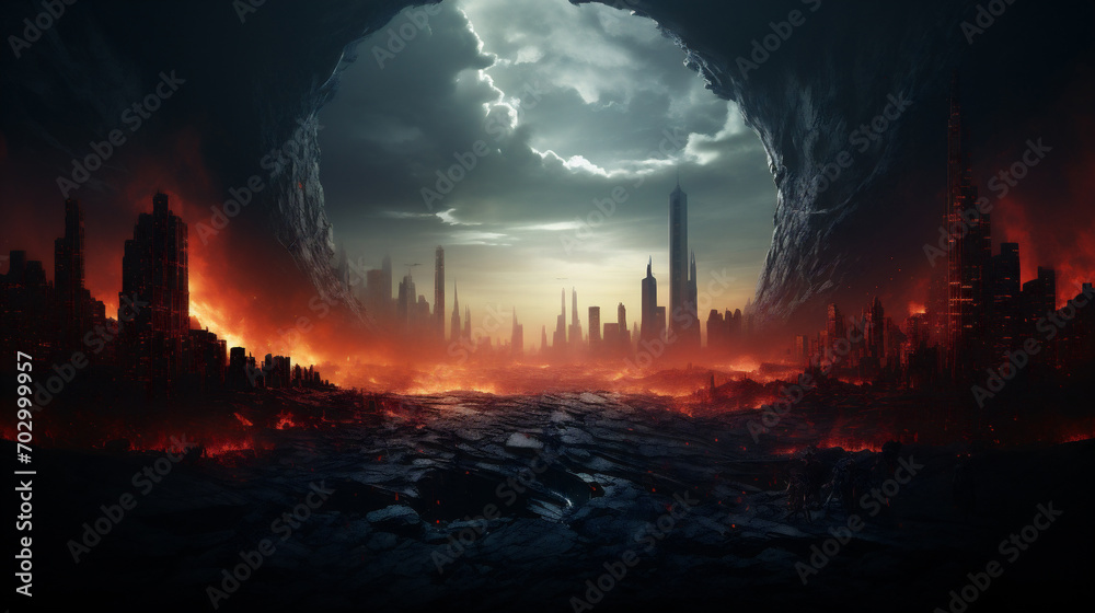 Fototapeta premium Concept of End of the World, good and evil, dark scenery. realistic. AI Generative