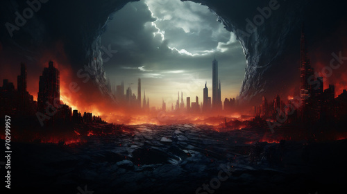 Concept of End of the World  good and evil  dark scenery. realistic. AI Generative
