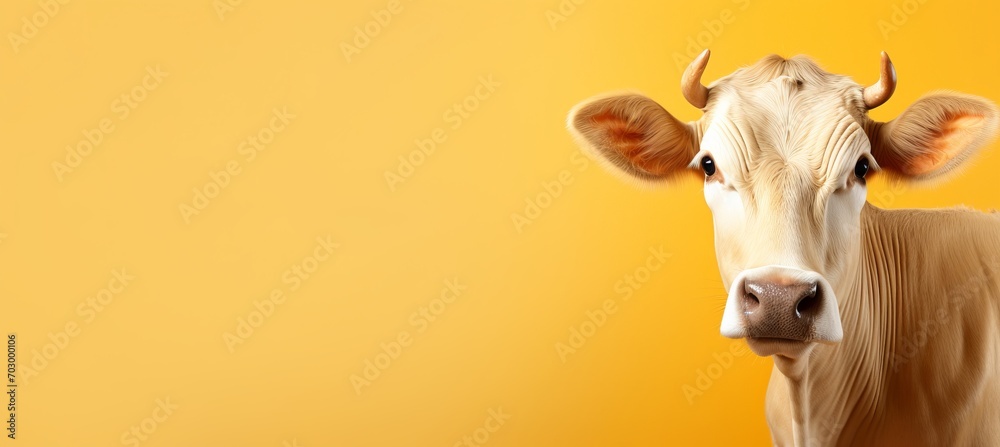 Stylish happy dairy cattle on pastel background in fashion studio shot with text space