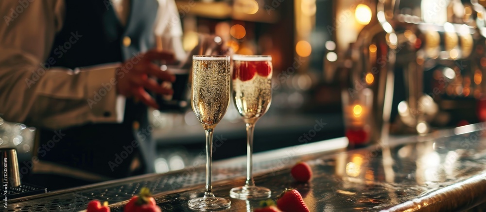 Bartender serving champagne cocktails on bar table in pub/restaurant.
