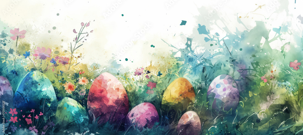 Easter in watercolor style with copy space - obrazy, fototapety, plakaty 
