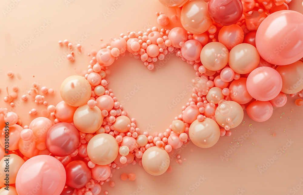 Obraz premium Peachy romantic background. Heart shape copy space formed by balloons. Ai generated image