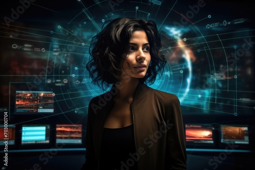 A tech-savvy professional woman interacts with a futuristic holographic interface displaying data and analytics.