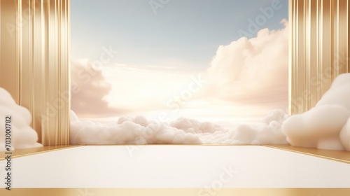 Generative AI, White and golden fantastic 3d clouds in the room interior, sky and landscape. Gentle colors and with bright lights. 