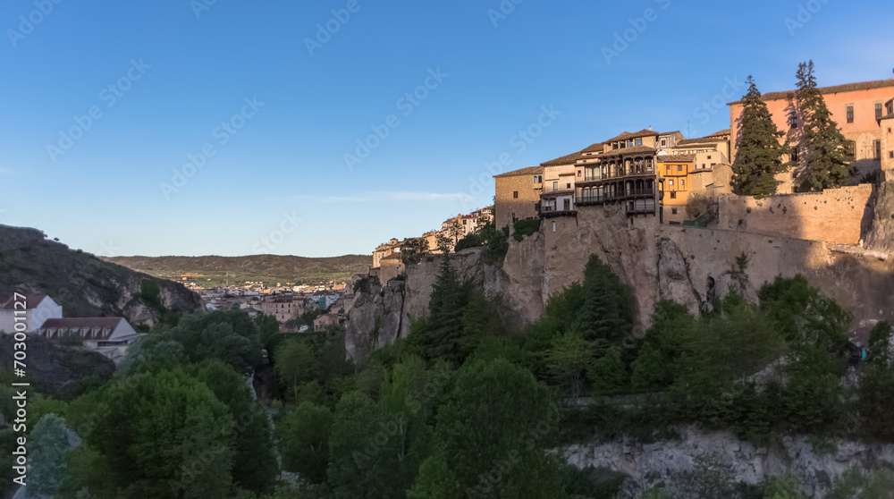 View at the Cuenca downtown city, with the Hanging Houses or las Casas Colgadas, an iconic traditional type of Spanish architecture on Cuenca city, Spain