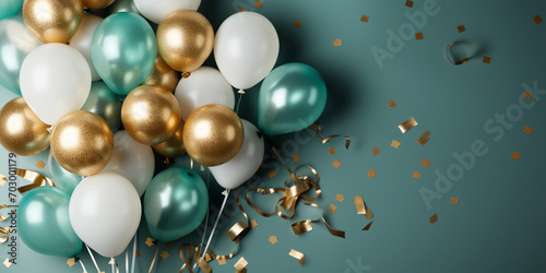 Birthday party banner green and gold composition with balloons, confetti, concept giftcard, copy space, green background