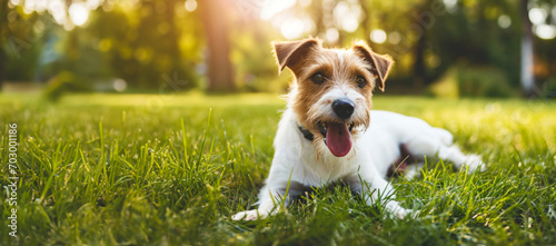 A domestic dog is playing on a bright green lawn. A joyful dog plays enjoying the warmth of the season