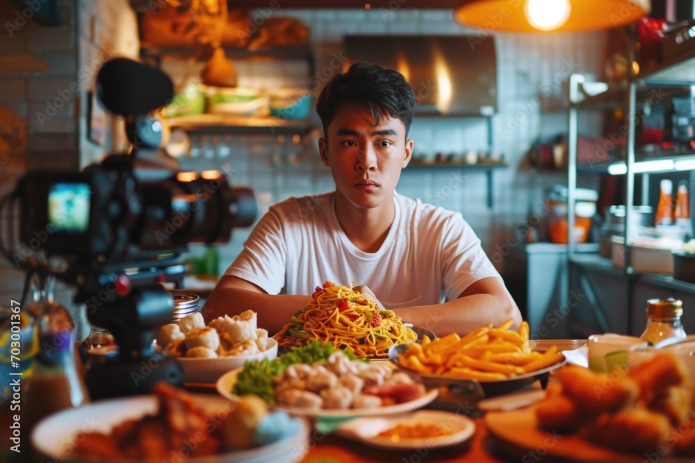 Mukbang enthusiast records a video while enjoying a feast of dishes, from spaghetti to chicken wings, reflecting the thriving food video trend on social media