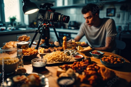Mukbang content creation: A man sits at a table, recording himself eating a spread of dishes, including spaghetti, rolls, fries, and chicken wings for his online audience