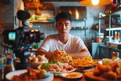 Mukbang enthusiast records a video while enjoying a feast of dishes  from spaghetti to chicken wings  reflecting the thriving food video trend on social media