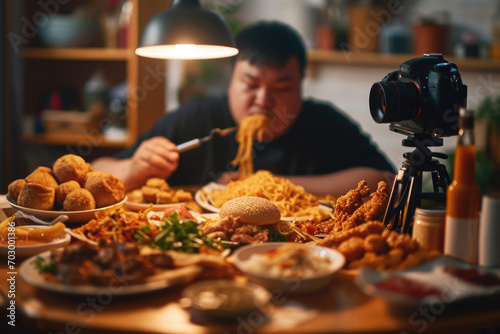 Online mukbang trend: A man films himself indulging in various foods like spaghetti, rolls, fries, and chicken wings, contributing to the popular food video culture