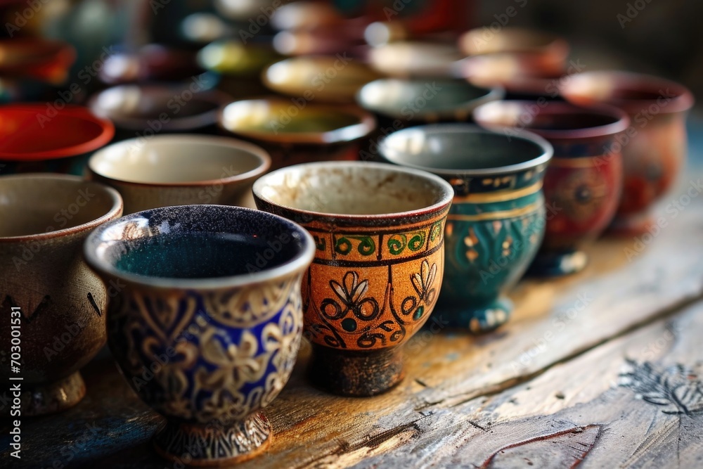 Colorful ceramic mugs and bowls, highlighting the rich artistic tradition and craftsmanship of the region's pottery - obrazy, fototapety, plakaty 
