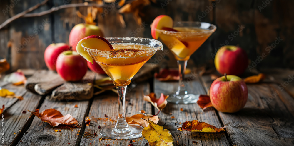 Caramel apple martini on a wooden table with ripe apples with copy space