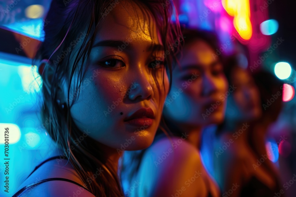 A close-up image capturing the elegance and allure of Thai women, their eyes meeting the camera lens against the backdrop of the city's nighttime vibrancy A close-up image capturing the elegance and allure of Thai women, their eyes meeting the camera lens against the backdrop of the city's nighttime vibrancy