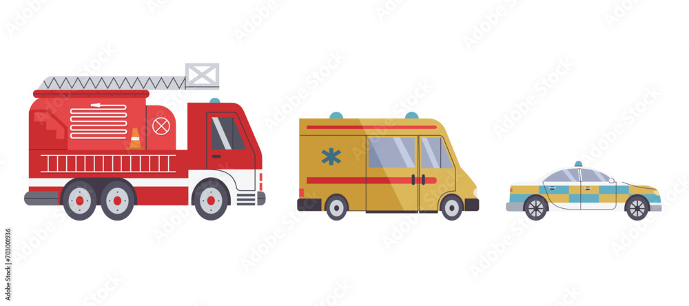 Emergency services transport, ambulance, police car and fire truck. Isolated on white background vector illustrations in flat design