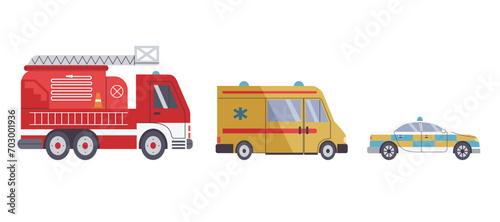 Emergency services transport, ambulance, police car and fire truck. Isolated on white background vector illustrations in flat design