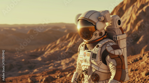 Space explorer. Astronaut in full spacesuit standing on desert surface of the planet
