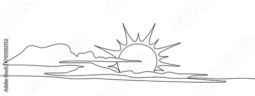 A continuous line of sun behind the clouds. Sunny summer travel concept. Sunny weather minimalist one line art. Vector illustration